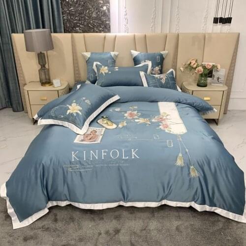 Luxury Chinese Style Flowers Embroidery Bedding Set Soft Silky Queen King Size Duvet Cover Flat/Fitted Sheet Pillowcases 4Pcs