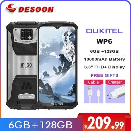 OUKITEL WP6 10000mAh 6.3'' FHD+ IP68 Waterproof Mobile Phone 6GB 128GB Octa Core 48MP Triple Cameras Rugged Smartphone