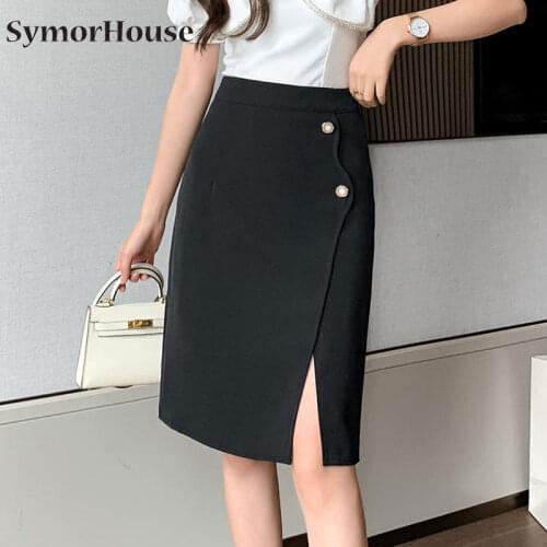 Plus Size Brief Buttons Solid Black Bandage Skirts Women Elastic Bodycon Summer Office Lady Sexy Split Pencil Skirt Autumn