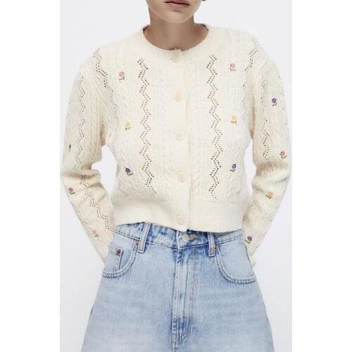 ZA knitted jacket 2021 early autumn new ladies sweet and fresh round neck long sleeve hit color flower hollow embroidery jacket