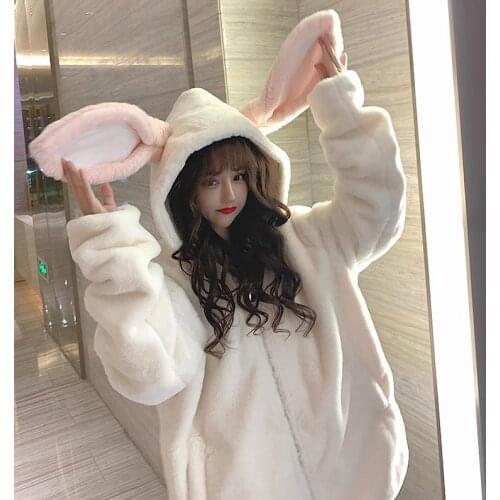 2021 Women Gilrs Sweet Plush Coats Casual Long Sleeve 3D Rabbit Ear Hooded Coats Winter Warm Plush Womens Blends Long Coats