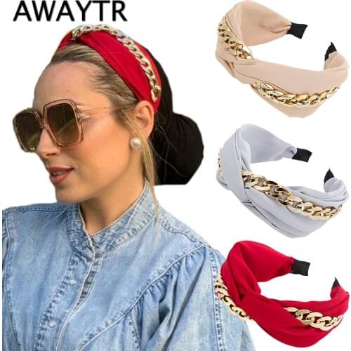 AWAYTR Fashion Hair Bands For Women Cross Gold Chains Headband Elegant Chic Hair Ornament Turban Hair Hoop Girls Hair Accessorie