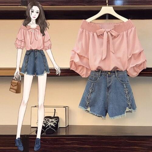 Shorts Suit Temperament 2021 Summer New Big Size Fat Sister Fashion Striped Top Was Thin Denim Shorts Suit Women