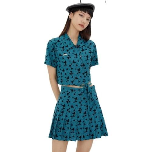 Womens Set Sweet Style Hot Girl Skirts Summer New Butterfly Pleated Short Skirt + Shor Sleeve Shirt Female Two Piece Sets N0054
