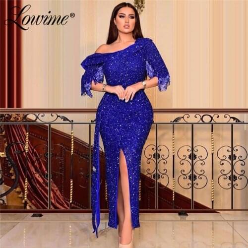 Blue Sequins Ankle Length Evening Gown Formal Dresses Mermaid Elegant Middle East Women Party Dress Celebrity Prom Dresses 2020