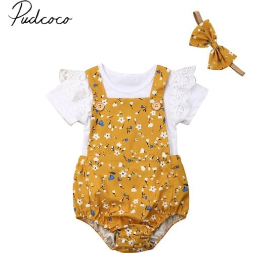 2019 Baby Summer Clothing Infant Baby Girl 3pcs Sets Clothes Short Sleeve T-shirt Floral Romper Babygrow Overall Outfits Sunsuit