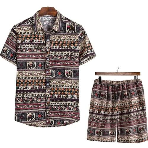 African Ethnic Print Hawaiian Shirt and Shorts Set Men Cotton Linen Short Sleeve Two Piece Suits Men Harajuku Casual Set M-5XL