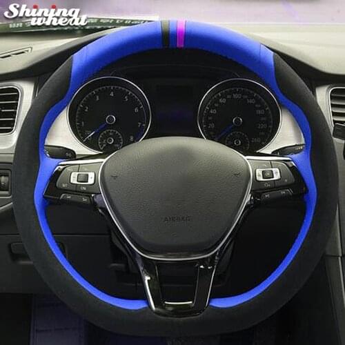 BANNIS Black Suede Blue Leather Steering Wheel Cover for Volkswagen VW Passat B8 Golf 7 Mk7 New Polo Jetta