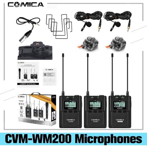 COMICA CVM-WM200 UHF Metal Wireless Interview Lapel Microphone with Dual-transmitters and One Receiver lavalier for DSLR Camera