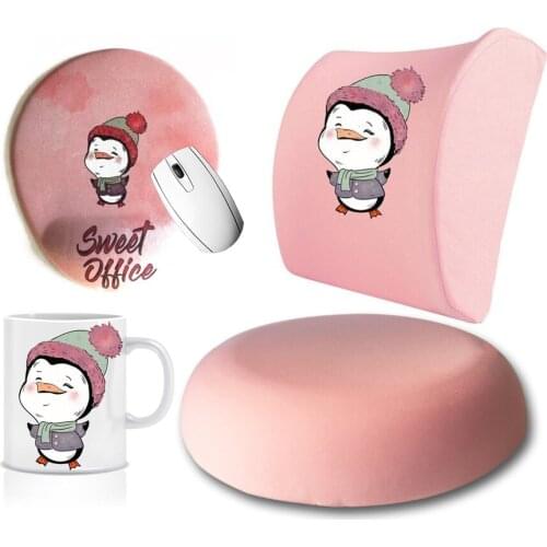 Custog Memory Foam Visco For Office Chair Waist Support Pillow & Seating Cushion & Mouse Pad & Mug Set Of 4 Penguin