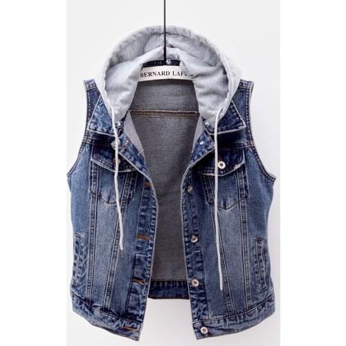 Denim Sleeveless Jacket Womens Spring Autumn Detachable Short Hooded Coat Waistcoat Large size Women Jeans vest Casual Clothing