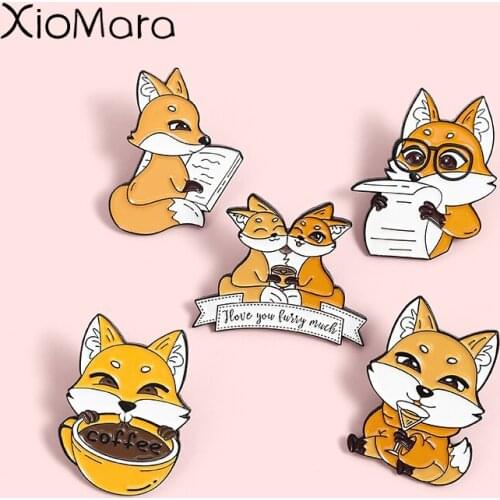 Fox Teacher Drinking coffee Reading Enamel Pins Fashion Animals Brooches Lapel Badges Wholesale Pin Jewelry Gifts for Friends