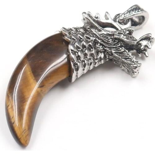 Ethnic Style Silver Plated Wolf Head Tiger Eye Stone Pendant Rose Pink Quartz Tooth Jewelry