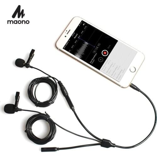 MAONO Dual Lavalier Microphone Hand-free Lapel Mic with Headphone Output Jack Clip-on Interview Condenser Microphone for YouTube