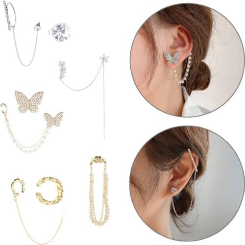 Fashion Butterfly Clip Earrings Ear Hook Shiny Rhinestone Alloy Earring Double Pierced Ear Decor Women Girls Jewelry Gifts