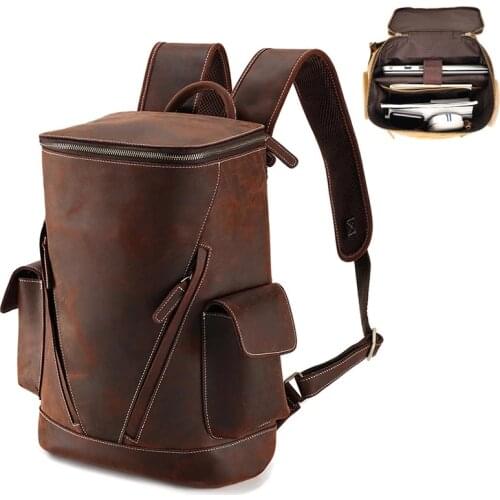 SCIONE Crazy Horse Leather Mens School Backpack Multi-function Large Capacity Waterproof Retro Business Shoulder Backpacks K136