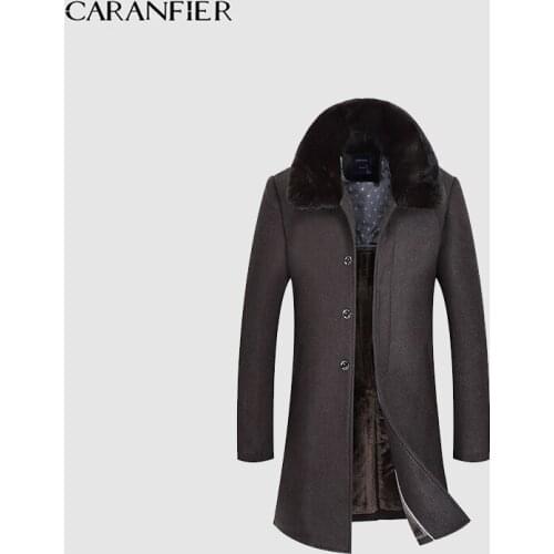 CARANFIER 2018 Quality Wool Men Trench Coat Overcoats Male Wool Blends Outerwear Rabbit Fur Collar Long Style Winter Plus M-3XL