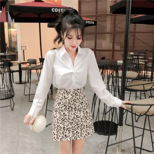 New Temperament Womens 2 Piece Set Fashion Lapel Long Sleeve Shirt + Slim Bodycon Leopard Print Skirt Suits Office Lady Outfits