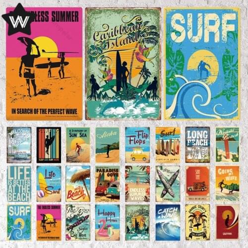 Metal Signs Vintage Beach Tin Plaque Surf Metal Poster Summer Tin Plate Retro Style Wall Stickers Metal Plate for Man Cave Decor