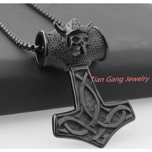 Black Plated Jewelry Huge Big 57*39mm Biker Stainless Steel Mens Skull Thors Hammer Casting Pendant Necklace Free Chain