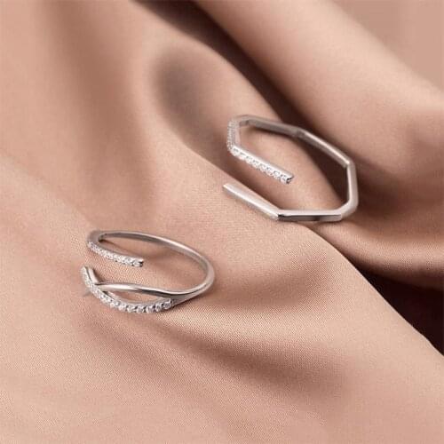 Real 925 Sterling Silver Zircon Cross Adjustable Ring For Fashion Women Fine Jewelry Minimalist Punk Geometry Accessories