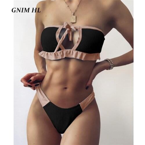 GNIM Sexy Bandeau Swimwear Women Ruffle Bikini Set 2021 Bandage Hollow Out Brazilian Swimsuit Female 2 Pieces Swim Bather Suit