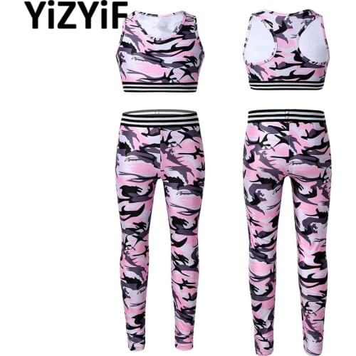 Girls Tracksuit Outfit Sleeveless Camouflage Printed Breathable Racer Back Stretchy Tanks Bra with Leggings Pants for Gymnastics