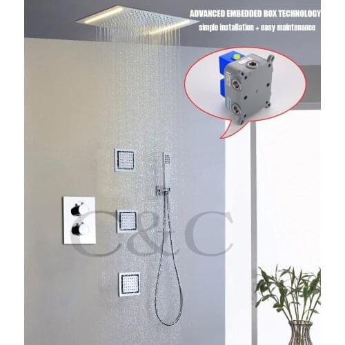 High Qualtiy With Embedded Box Thermostatic Bathroom Rainfall Shower Set LED Yellow Lamps Rainfall Shower Head 002T-50X36E-3MF