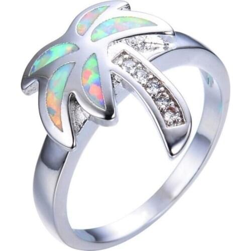 Trendy Silver Plated Alloy Coconut Tree Opalite Opal Finger Ring for Women Party Gift Jewelry