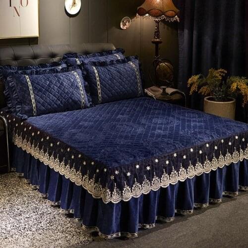 Vintage Embroidered Lace Bed Skirt Elastic Band Ruffle Velvet Bed Spread Cover Queen Quilted King Size Double Soft Warm 160x200