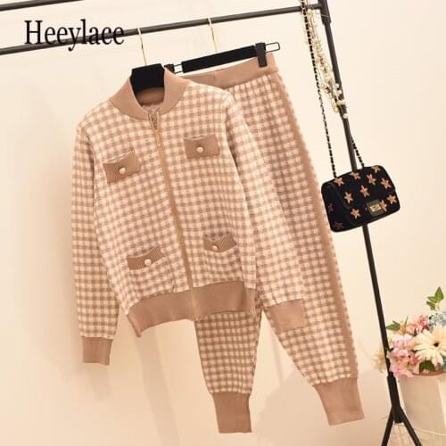 Vintage Hit color Plaid Sweatersuit Women England Style Houndstooth Knitted Zip Cardigan Coat and Pants 2 Piece sets Autuimn