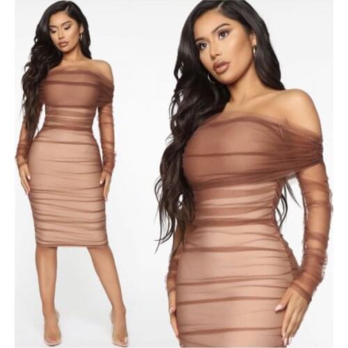 High Quality Brown Mesh Sleeve Off The Shoulder Rayon Bandage Dress Elegant Club Party Dress