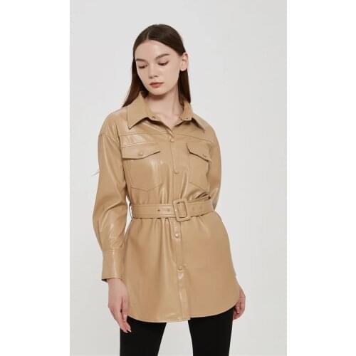 ZA Women 2020 Fashion PU Faux Leather With Belt Jacket Coat Vintage Long Sleeve Side Vents Female Outerwear Chic Tops