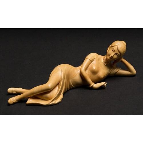 XS258-18X5.5X5 CM Detailed Carved Boxwood Carving Pretty Girl Woman Lady Statue-Home Decor Collection Ornaments