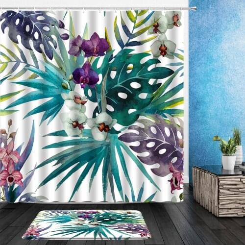 2pcs Set Tropical Plant Leaves Shower Curtains Water Color Flower Leaf Pattern Bathroom Hanging Curtain With Flannel Mat
