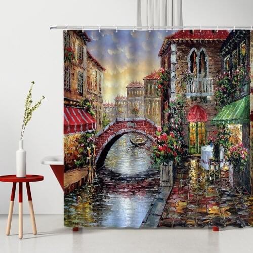 Shower Curtain European Style Landscape Painting Water Small Town Machine Washable Bathroom Decoration Bath Curtains With Hooks