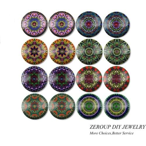 ZEROUP 16pcs Round Glass Cabochon Kaleidoscope Pictures Mixed Pattern Fit Base Earring Setting for Jewelry Flatback