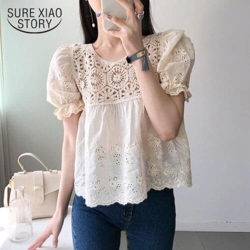 Summer 2021 Korea Lace Embroidery Stitching Women Blouse Office Floral Hollow Out O-Neck Shirts Women Short Sleeve Blusas 14726