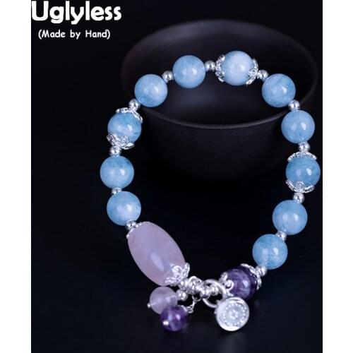 Uglyless 100% Real 925 Sterling Silver Charms Bracelets for Women Elastic Rope Aquamarine Balls Bracelet Ethnic Lotus Tassels