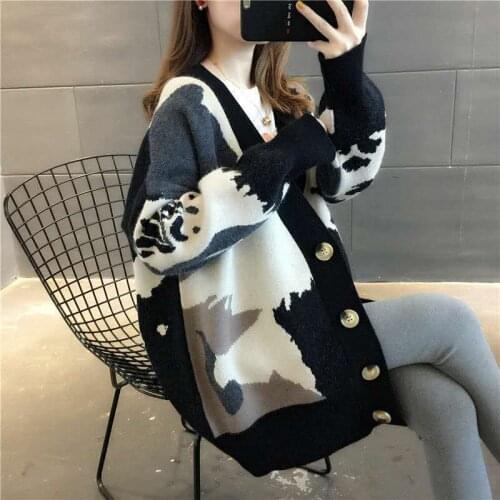 2021 Autumn Winter Women Elegant Cardigans Lady Slim V-neck Long Sleeve Knitted Sweater Female Casual Print Buttons Cardigan T45