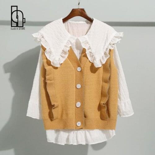 Luck A 2021 Autumn Women Solid Sweater+blouse Suits Female Knitted Ruffle Sweater Vest Lady Long Sleeve White Shirts Sets