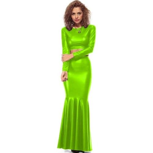 Plus Size Two Pieces Trumpet Skirt Set Long Sleeve Crop Top With Ankle Length Bodycon Mermaid Skirt Women Vintage Party Suit