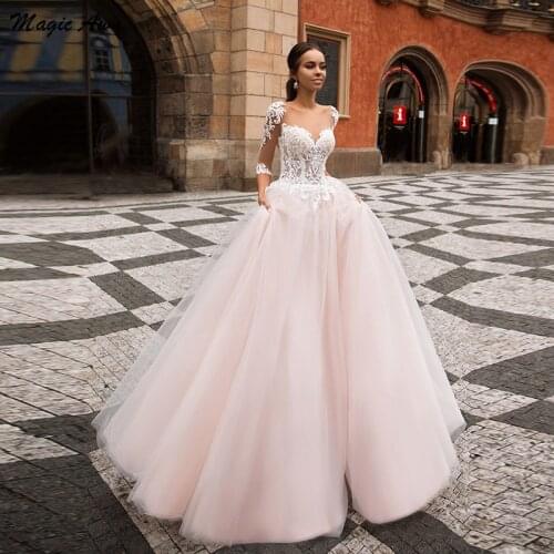 Magic Awn New Pink Tulle Wedding Dresses Lace Appliques Illudion Half Sleeves Boho Princess Bridal Gowns For Women Robes Mariee