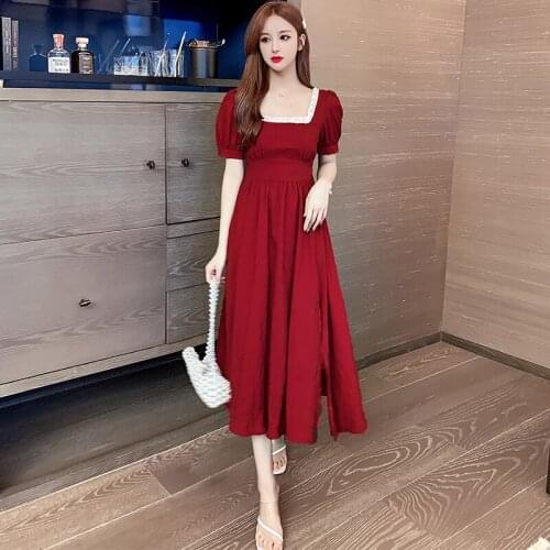 Casual Lace Square Collar Puff sleeve Midi Sweet Dress Woman High Waist Loose Solid Dress 2021 Summer dress red