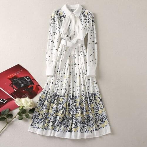 High Quality Brand New Autumn Dress 2021 Fashion Designer Women Turn-down Collar Bow Deco Long Sleeve Pleated Dress Vintage