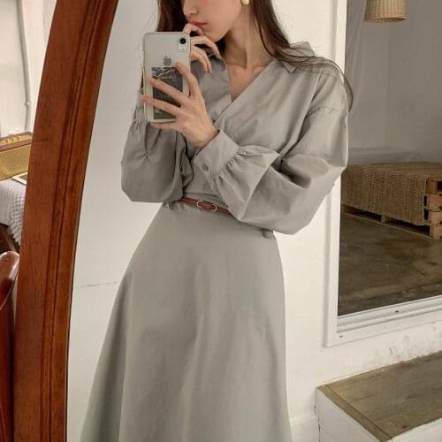 Snordic Women Autumn Full Sleeve Sexy V Neck Casual Long Shirt Dress Leather Sashes High Waist Midi Dresses
