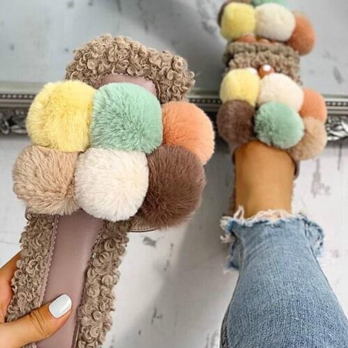 2021 Winter Multicolor pompon fur shoes woman flat curly wool fur slippers women flip flops warm cotton slides plus size 35-43