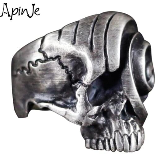 Apinje Vintage Personality Skull Ring Silver 925 for Men Punk Hip hop Rock Motorcycle Biker Men Jewelry