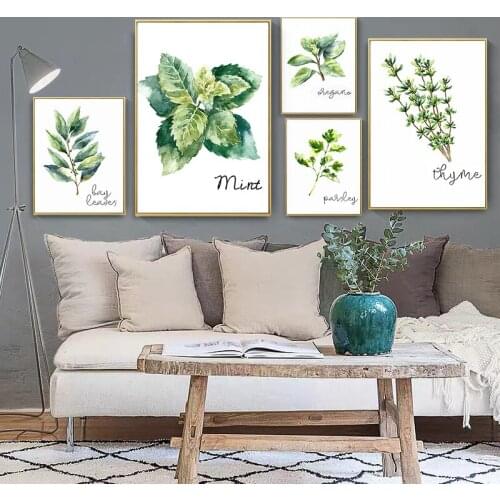 Nordic Minimalist Poster Tropical Green Plants Canvas Painting Lay Leaves Mint Thyme Flower Picture Home Decorative Wall Art