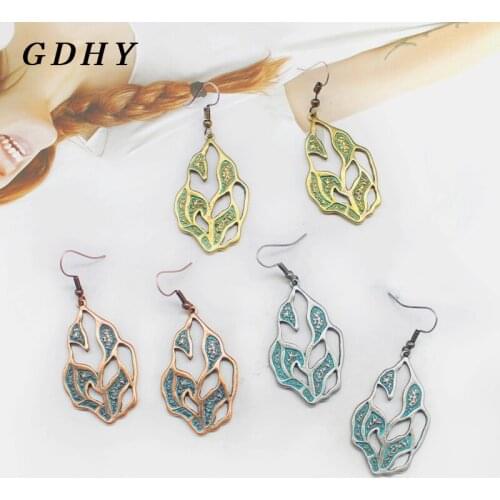 GDHY New Bohemia Hollow Leaves Rhinestone Drop Earrings Irregular Leaves Bronze Ethnic Earrings For Women Holiday Jewelry